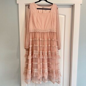 Rachel Parcell Pink Ruffle and Lace Midi Dress